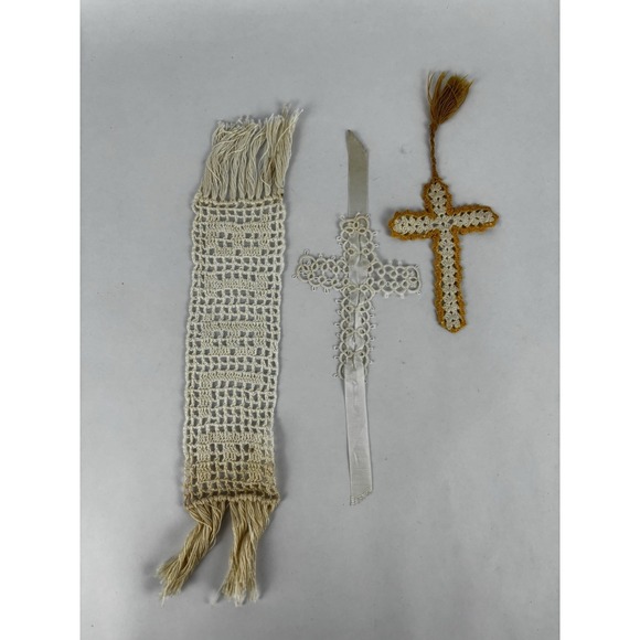 Other - Vintage Crocheted Religious Cross Bookmarks Bible Church Handmade Lot (3)